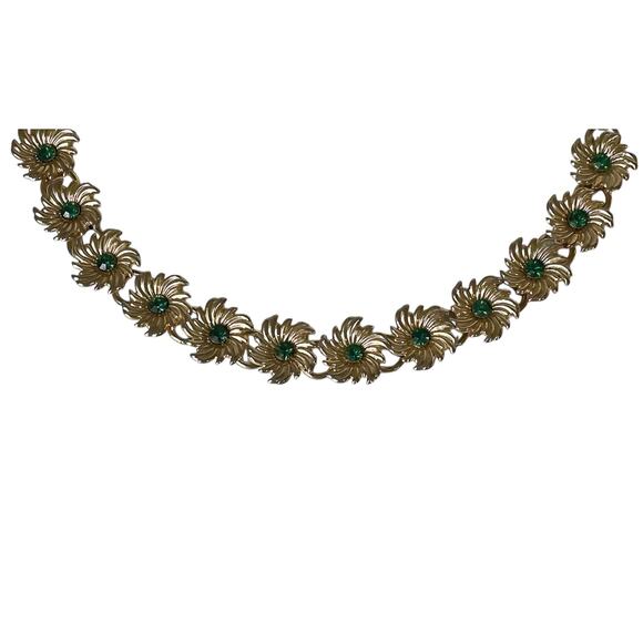1960s Gold Plate & Green Rhinestones Single Strand Adjustable Flower Choker - Picture 3 of 5